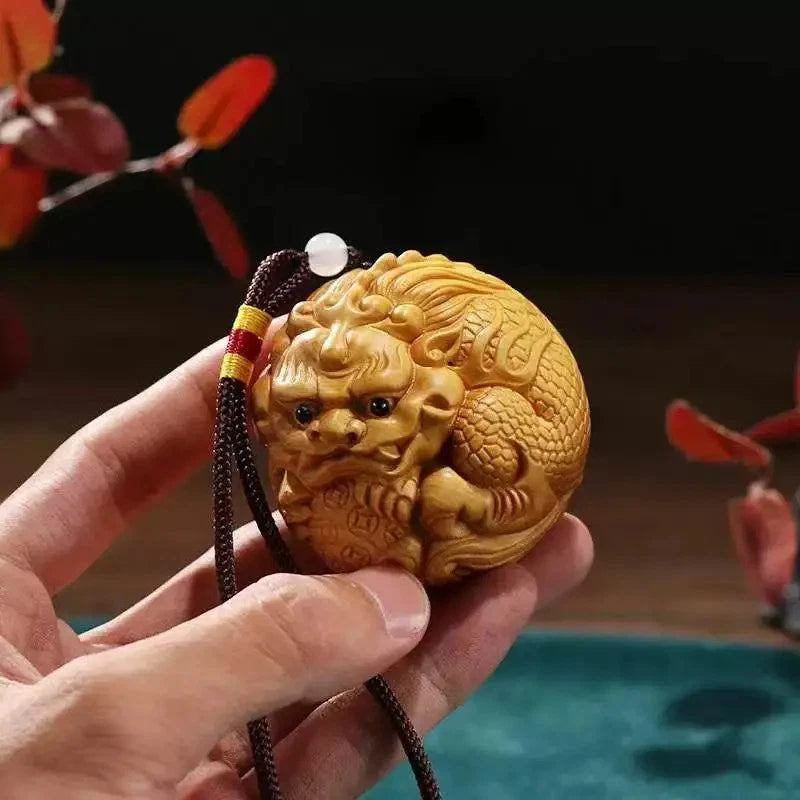 4.5cm Cypress Hand Carved Luck PI Xiu Pendant Fortune Amulet Transship Keychain 07FC0E-D4 - KOEEK