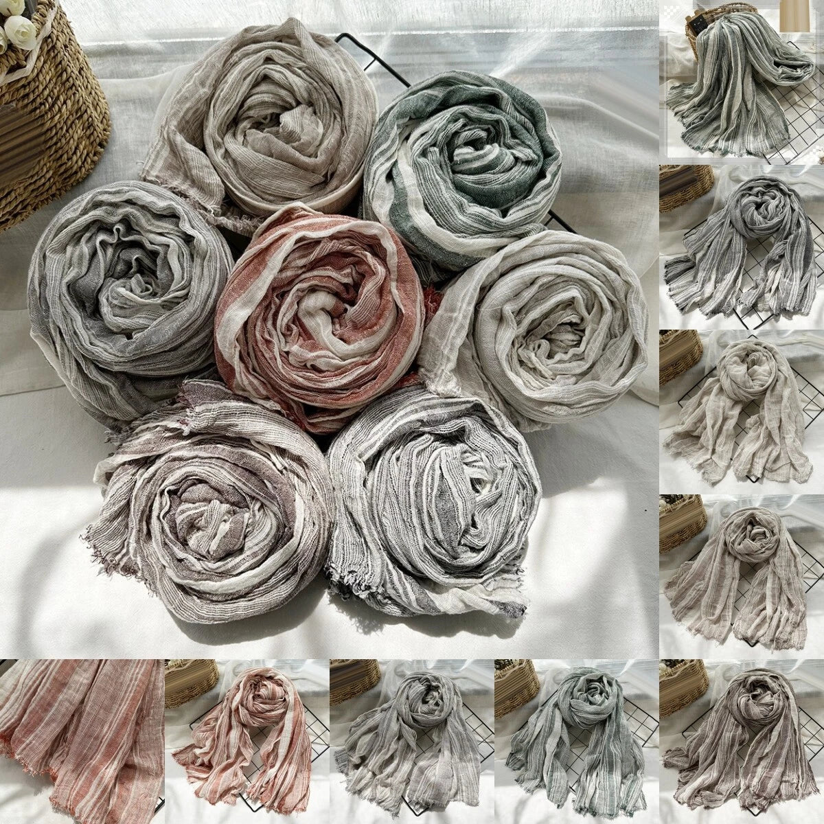 Cotton Scarf Men's Striped Shawls Head Scarf Wrinkled Muslim Scarves Unisex Soft 07FC0E-D4 - KOEEK