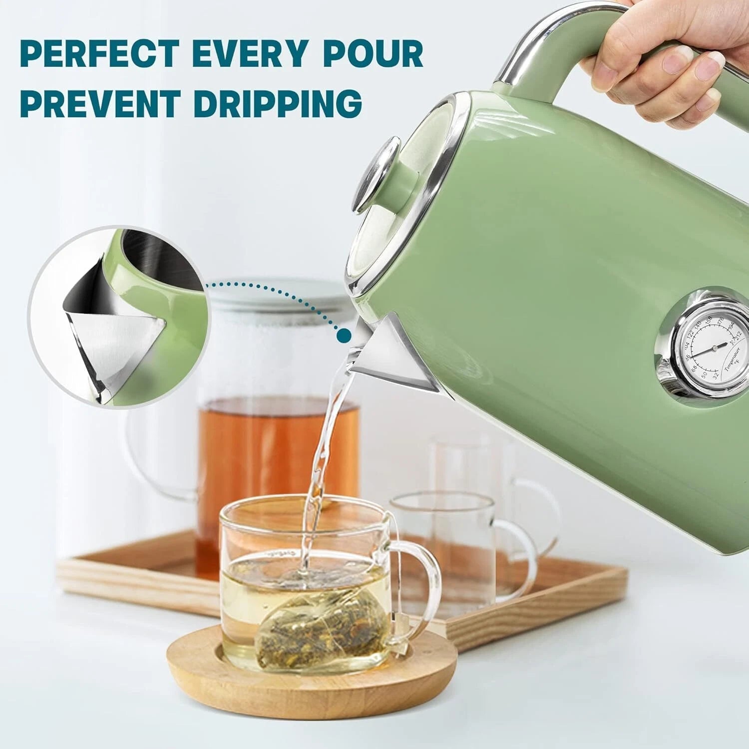 Electric Kettle - 57 oz Hot Tea Boiler with Thermometer, Vintage Green 07FC0E-D4 - KOEEK