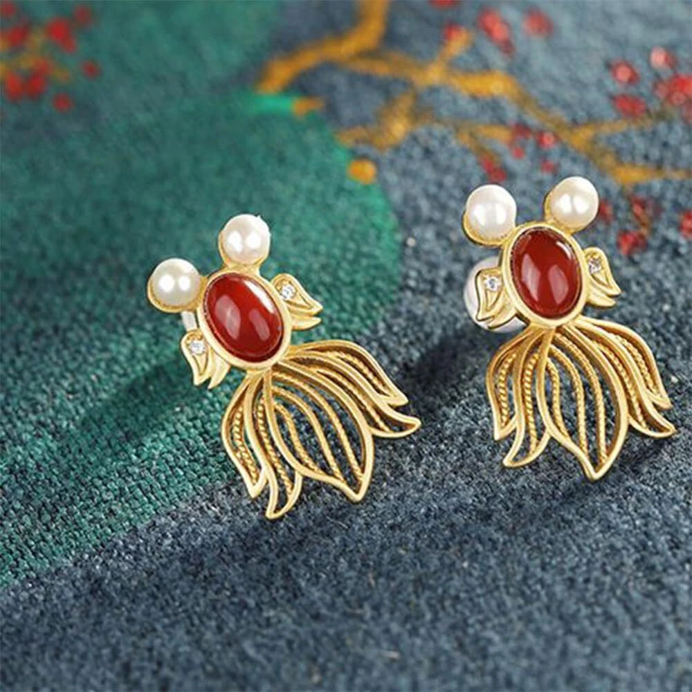 Natural Nan Hong Goldfish Earrings Fengshui Jade Earring 07FC0E-D4 - KOEEK