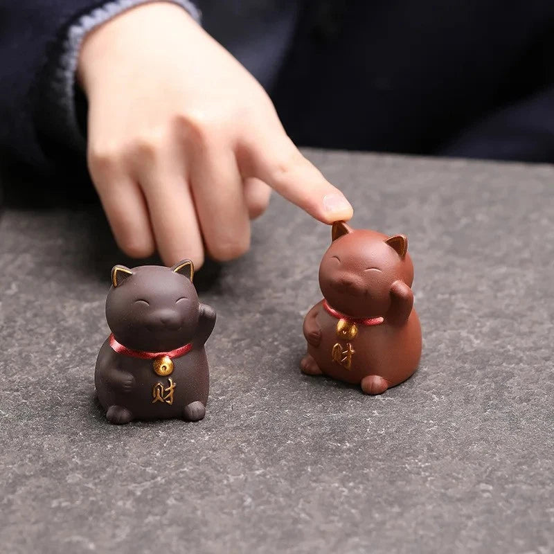 5.5cm Purple Clay Handcarved luck Cat Statue Tea Pet Absorbing Wealth Ornament 07FC0E-D4 - KOEEK