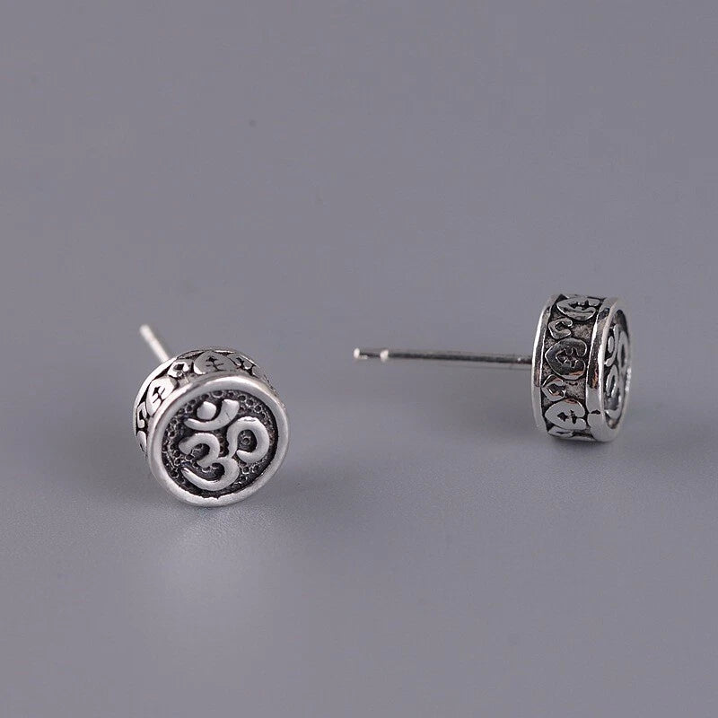 Solid 925 Sterling Silver Buddhist Mantra Round Stud Earrings 0.31inch 07FC0E-D4 - KOEEK