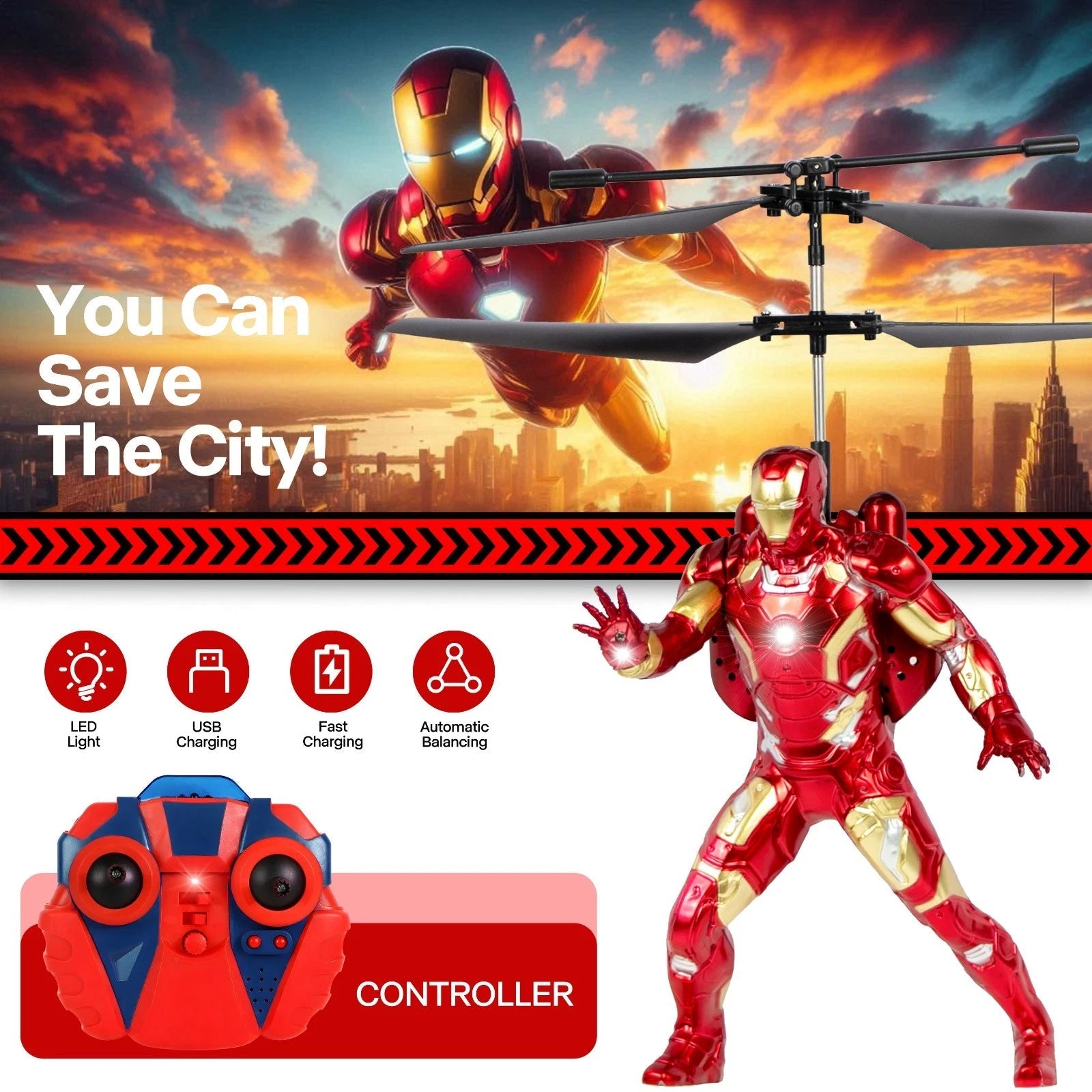 Marvel Avengers Iron Man RC Helicopter with LED Lights and Gyro Stabilizer MARVEL - KOEEK