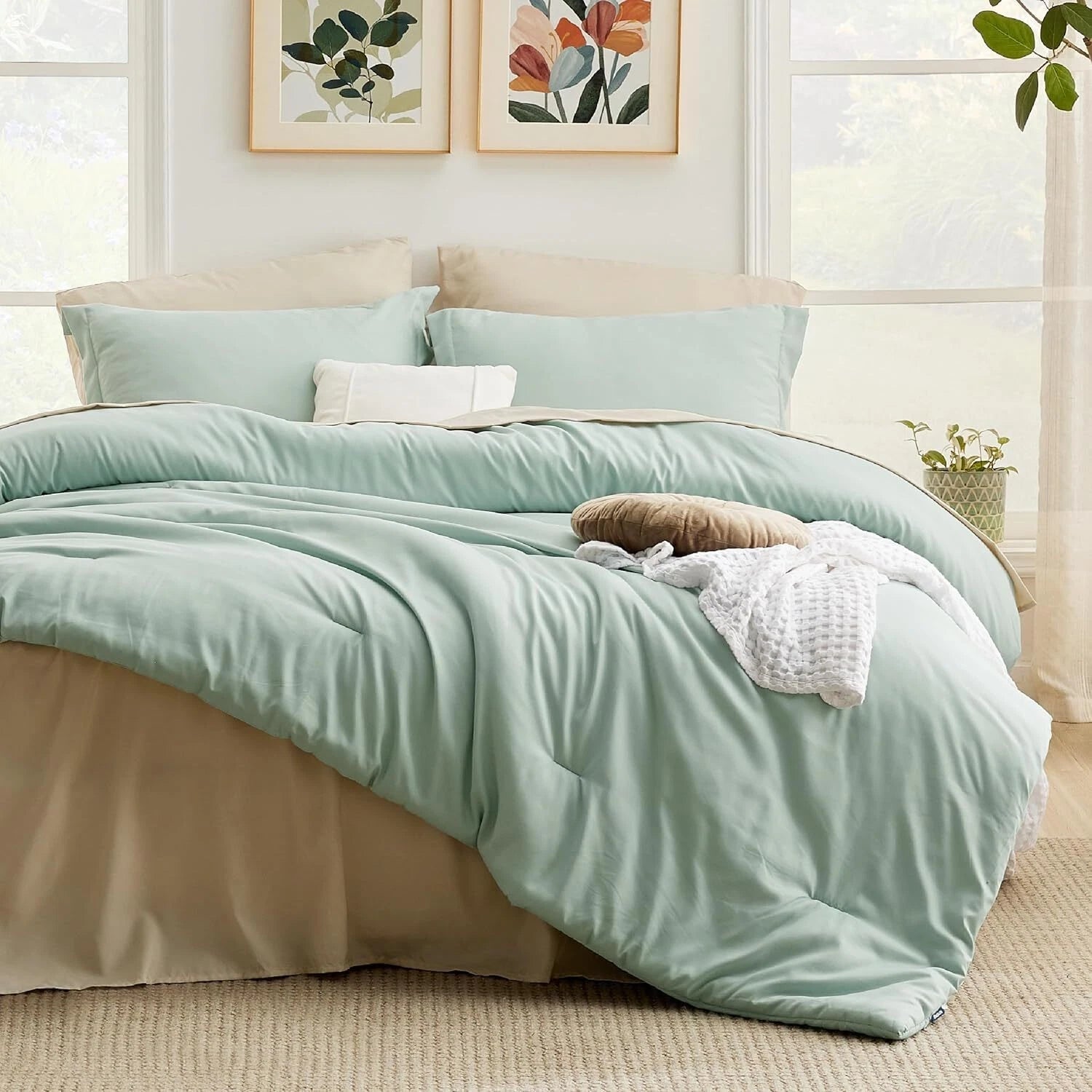 King Size Sage Green Comforter Set, 7 Piece Lightweight King Size Bedding Set 07FC0E-D4 - KOEEK