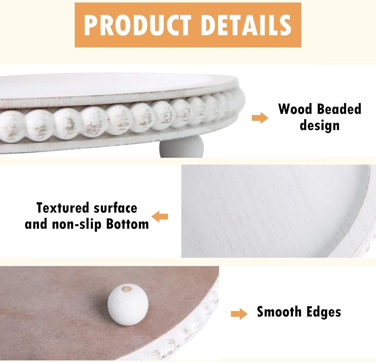 12in Round Wood Beaded Tray -White, Distressed,Farmhouse Rustic -Decorative Tray 07FC0E-D4 - KOEEK