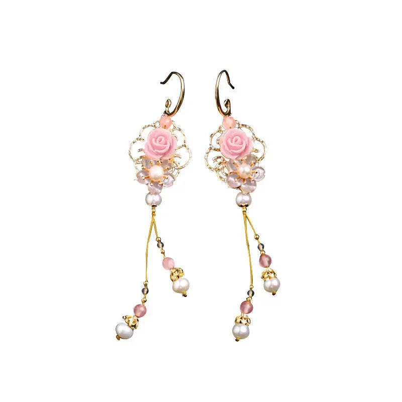 1Pair Chinese Ethnic Long Earrings Pink Flower Tassels Hanfu Accessories Jewelry 07FC0E-D4 - KOEEK