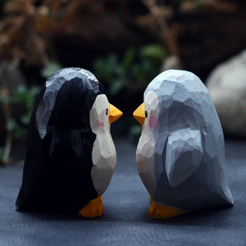 2Pc Hand Carved Wooden Penguin Figurines Mini Desktop Home Decor 07FC0E-D4 - KOEEK