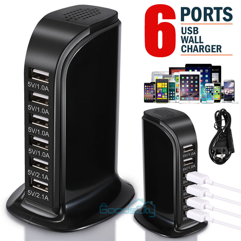 ny 6 Multi Port USB Type-C Hub Laderstasjon Tower Desktop Lader Strømadapter