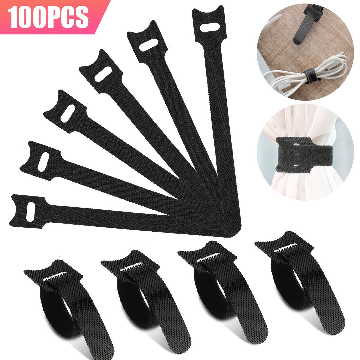 100Pcs Cable Straps Black Wire Cord Hook Loop Ties Reusable Fastening Organizer