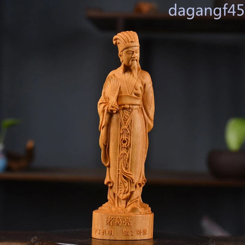 15cm Chinese Boxwood Hand-carved Zhuge Liang Sculptures Home Decoration 07FC0E-D4 - KOEEK