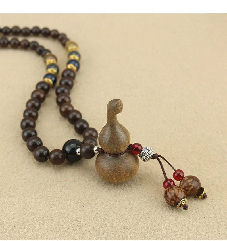 Green Sandalwood Gourd Pendant Necklace Unisex Wooden Bead Sweater Chain Vintage 07FC0E-D4 - KOEEK