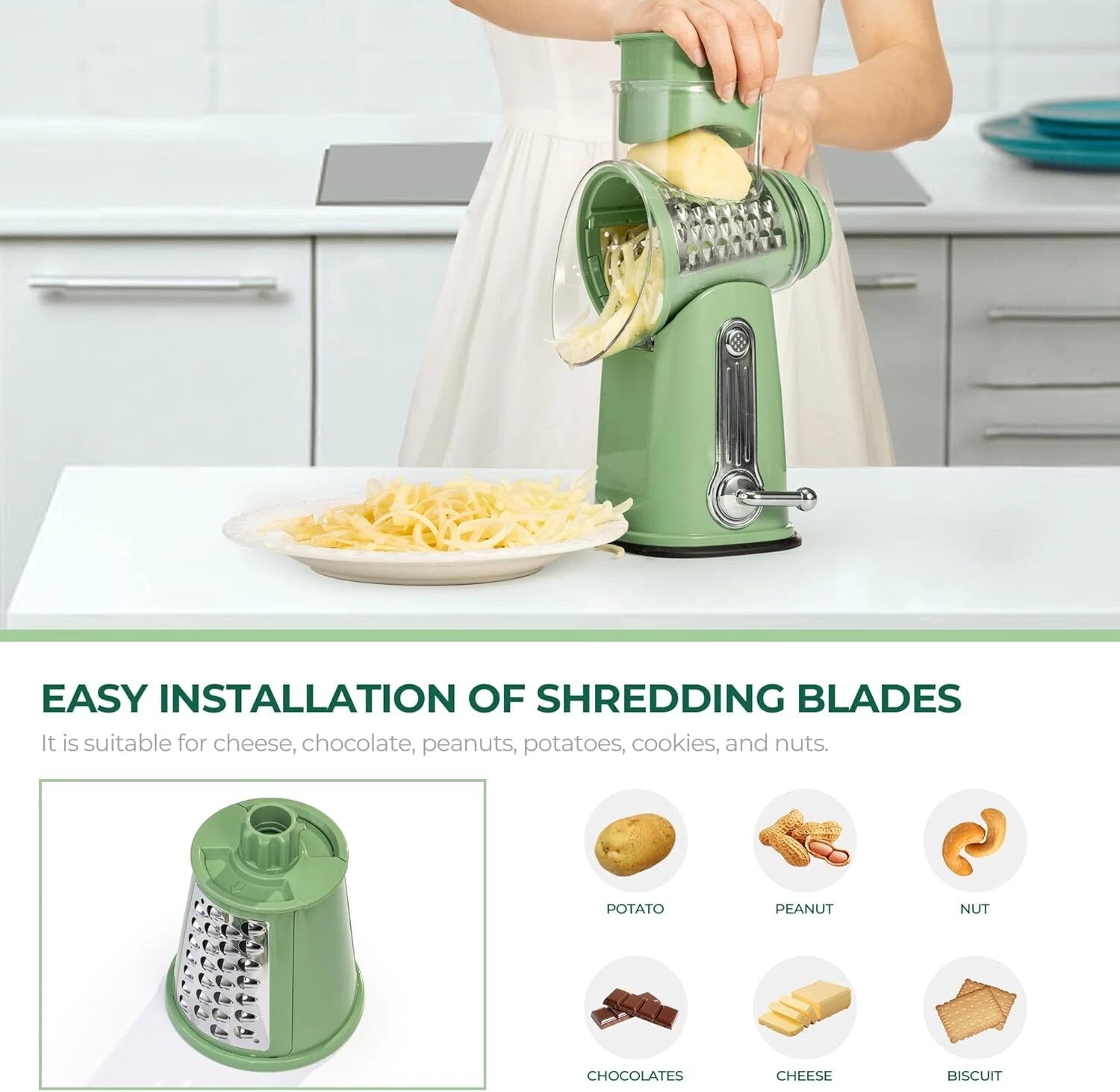 Rotary Cheese Grater with Handle -Vegetable Shredder with 5 Well-designed Blades 07FC0E-D4 - KOEEK