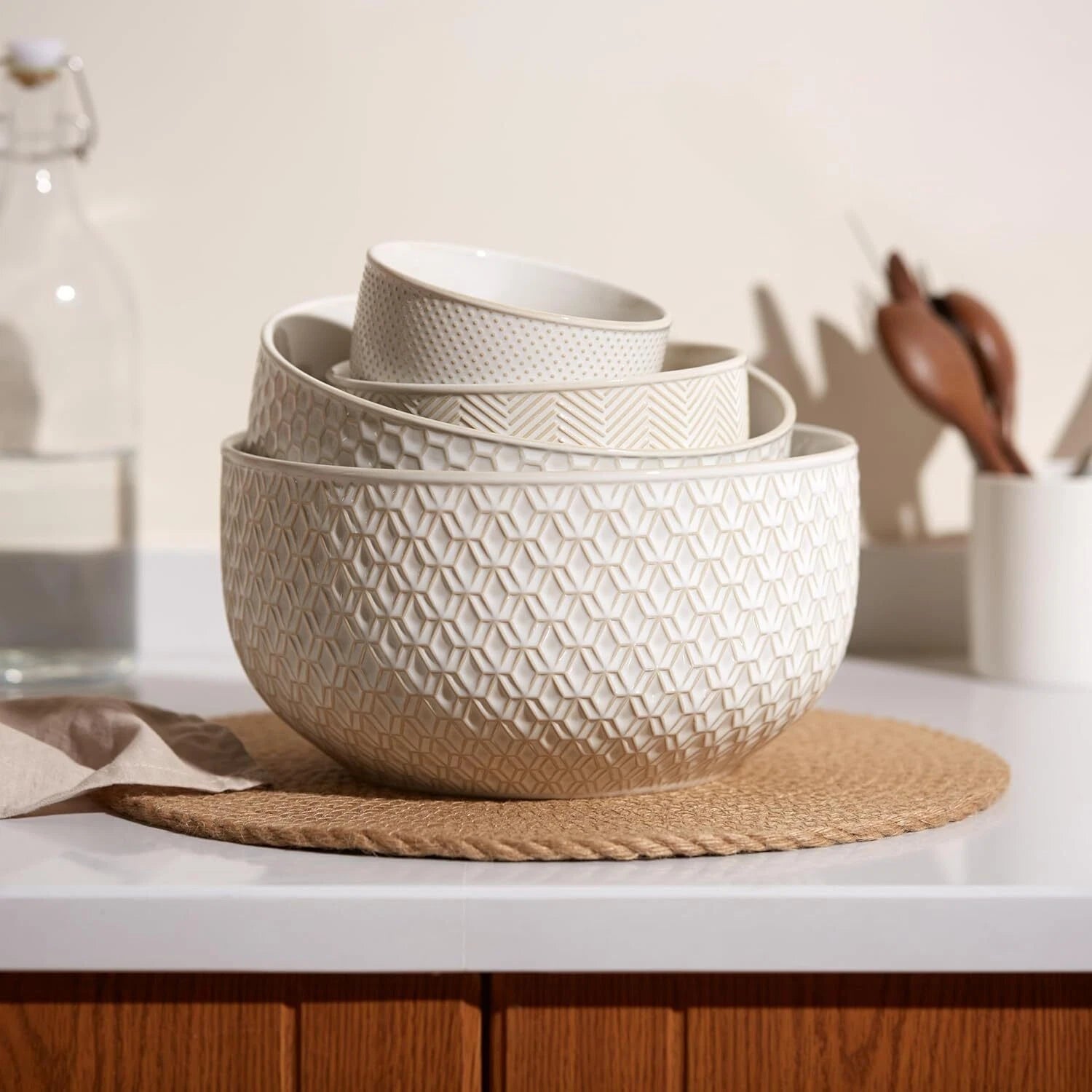 Ceramic Mixing Bowls, Set of 4, Embossed Kitchen Bowls, Prep,Serve, Gift (Ivory) 07FC0E-D4 - KOEEK