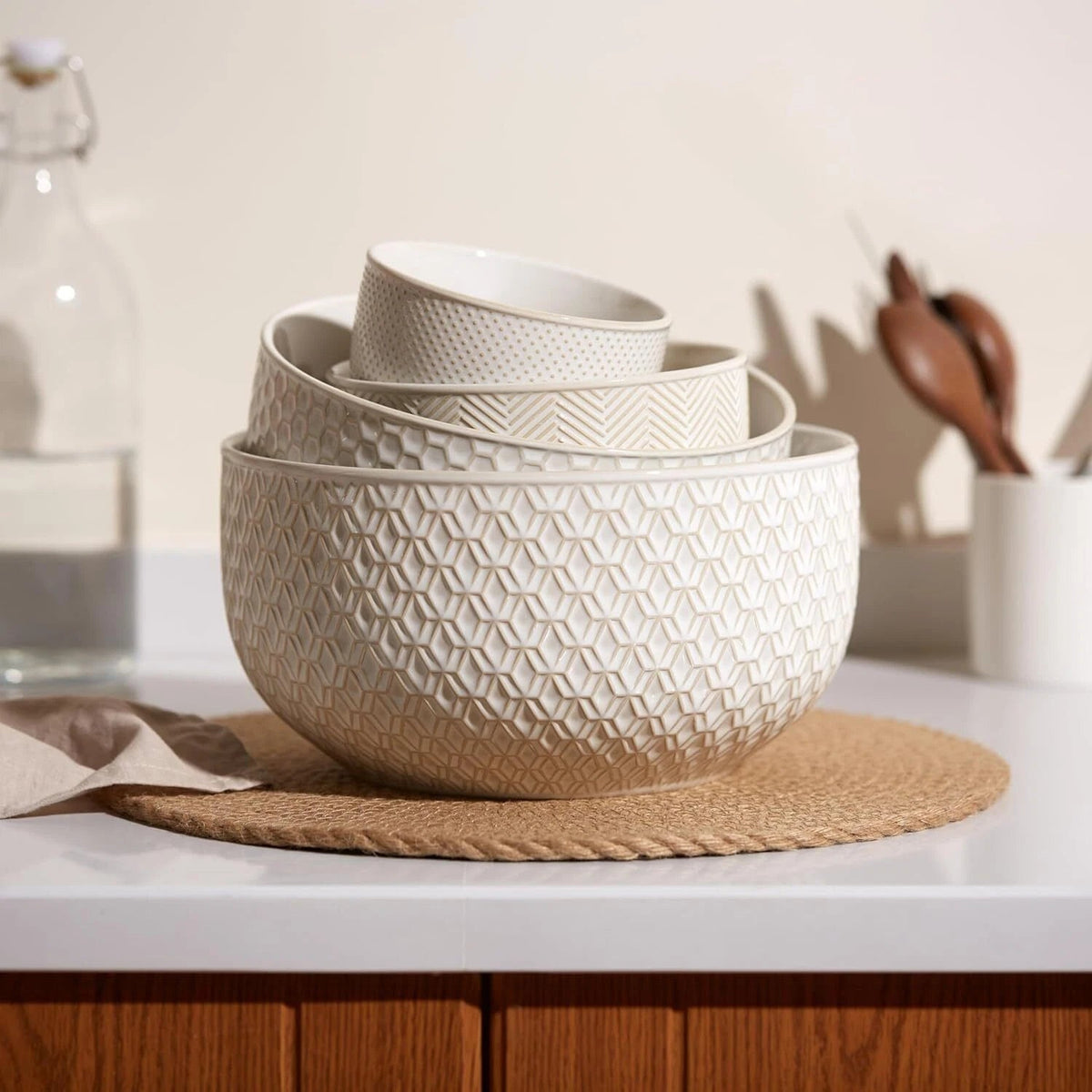Ceramic Mixing Bowls, Set of 4, Embossed Kitchen Bowls, Prep,Serve, Gift (Ivory) 07FC0E-D4 - KOEEK