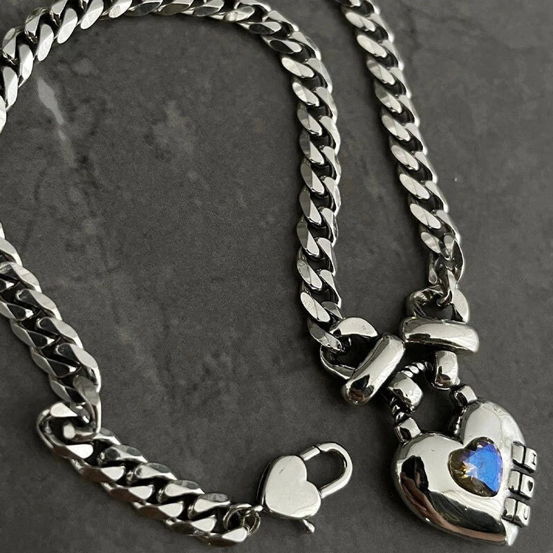 925 Silver women Vintage Unique Heart Pendant Necklace Retro Cuban Link Chain 07FC0E-D4 - KOEEK