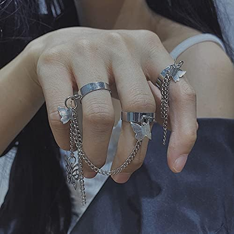 ny Gothic Punk Chain Finger Ringe Sæt, 17 STK Justerbar Stabelbar Vintage Sølv Ri