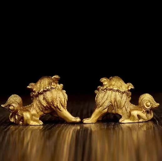 Solid Copper Lion Pair Feng Shui Wealth Guardian Statues Home Car Decor 07FC0E-D4 - KOEEK
