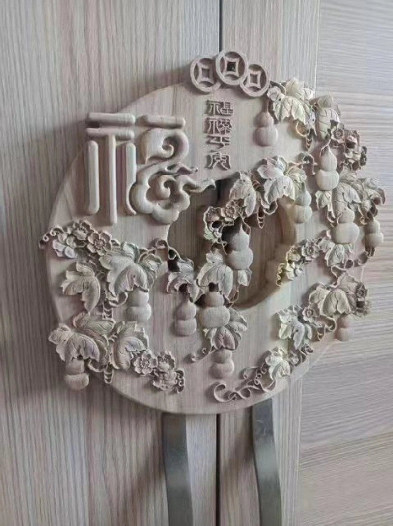 Dongyang Fu Lu Peace Wood Carving Wall Hanging Round 27cm Home Decor 07FC0E-D4 - KOEEK