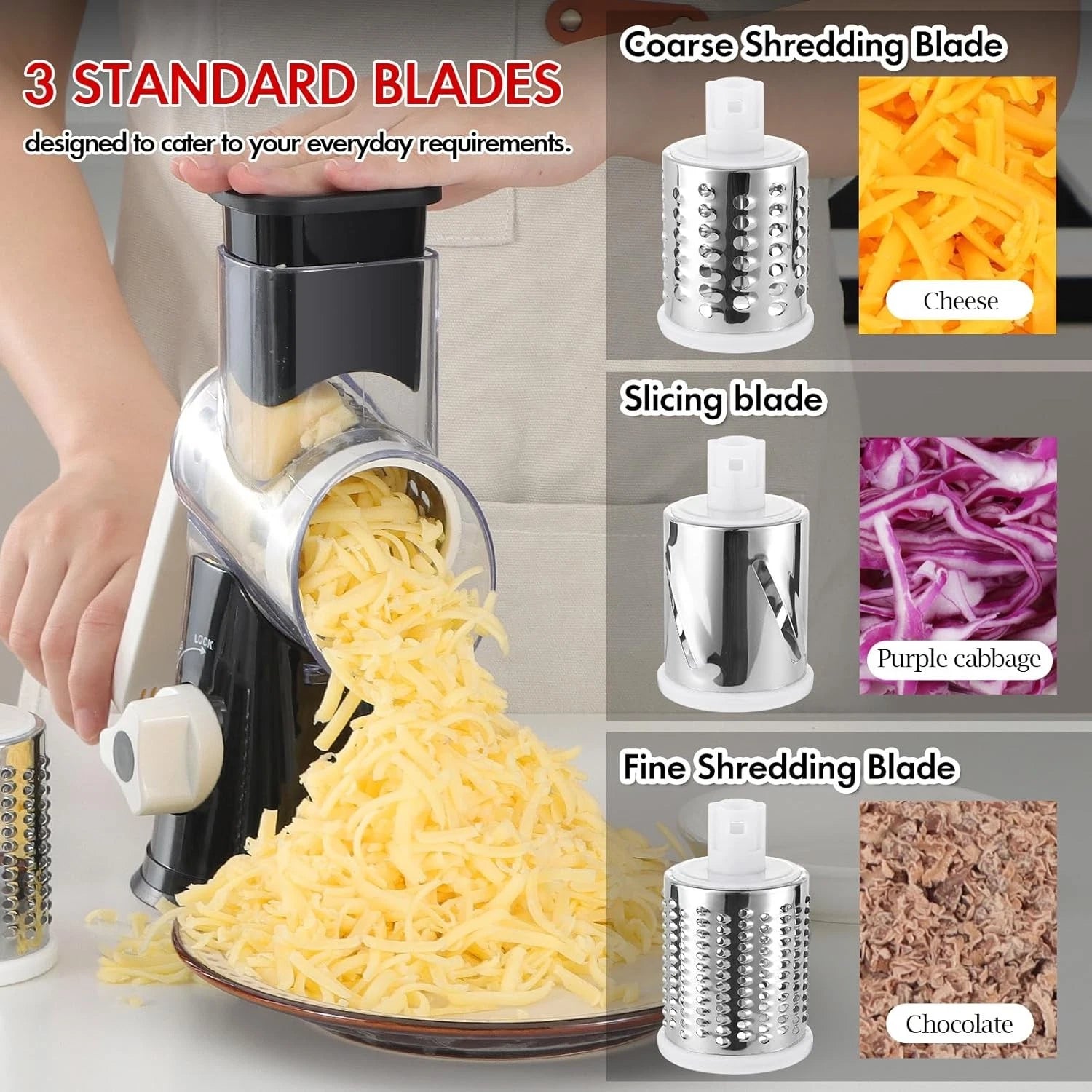 Rotating cheese grater, hand-cranked, kitchen shredder, quick cut 07FC0E-D4 - KOEEK