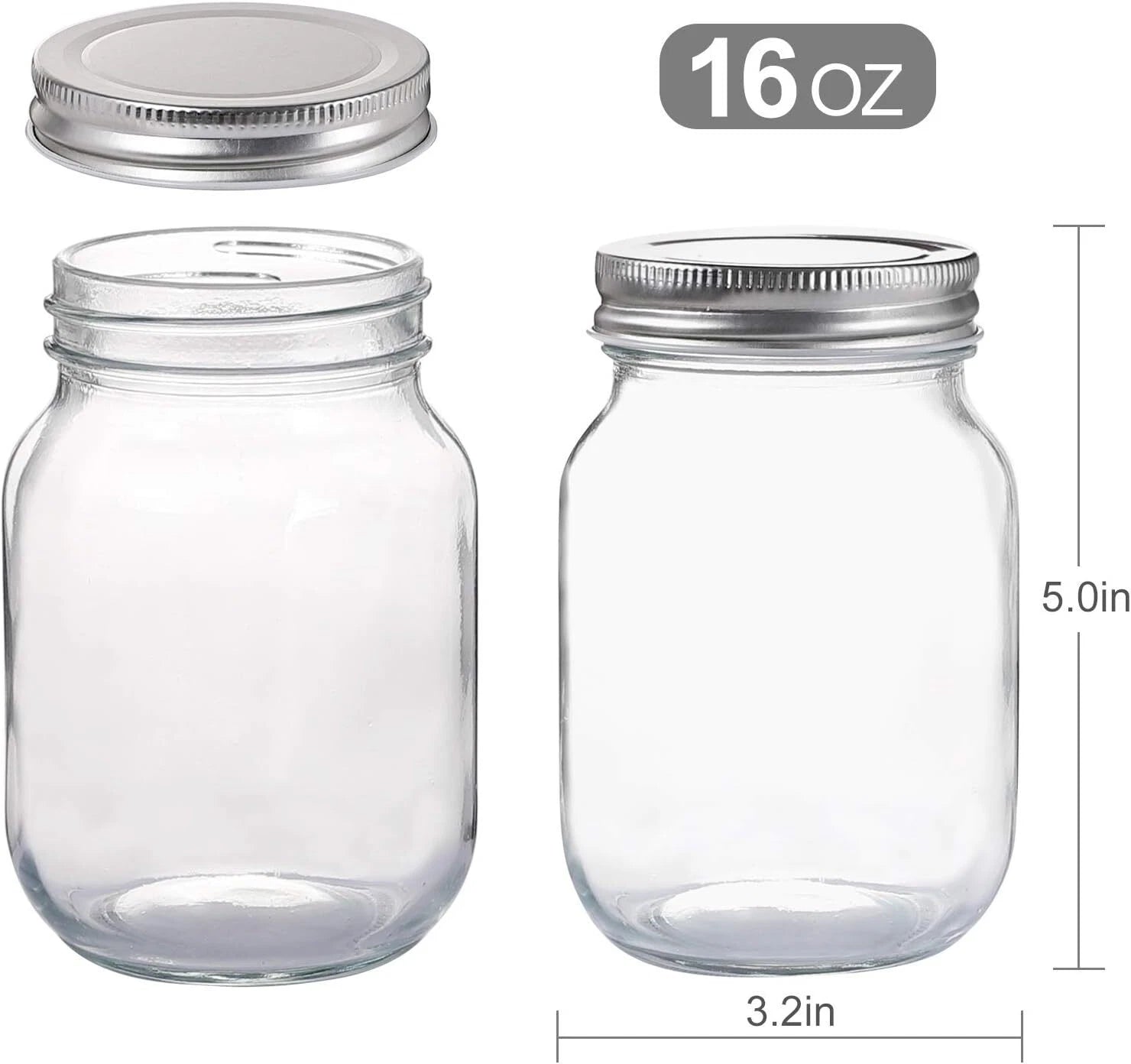 Glass Regular Mouth Mason Jars, 16 oz Clear Glass Jars with Silver Metal Lids 07FC0E-D4 - KOEEK