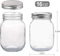 Glass Regular Mouth Mason Jars, 16 oz Clear Glass Jars with Silver Metal Lids 07FC0E-D4 - KOEEK