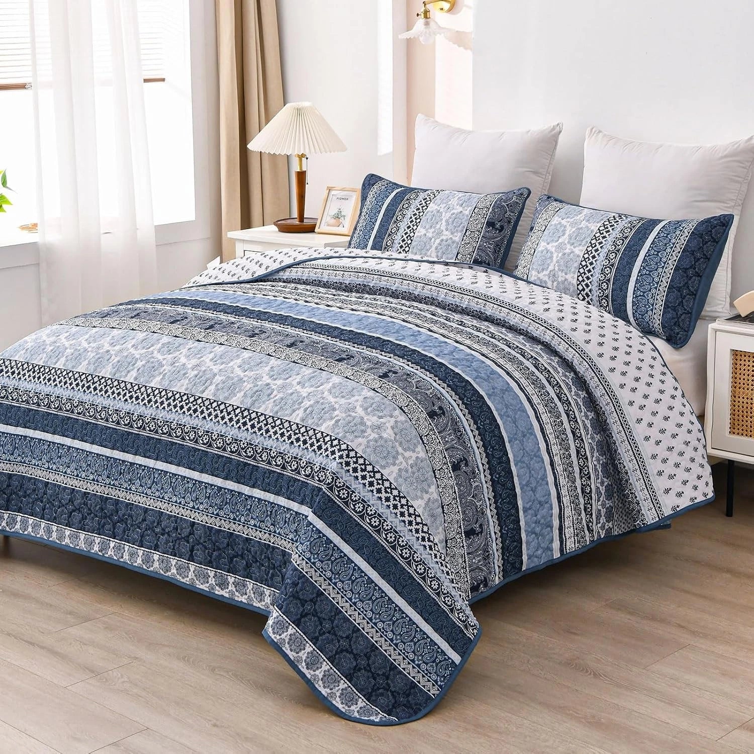Bohemian Style Quilt Set (Queen Size) Navy Blue Bohemian Style 3-Piece Quilt Set 07FC0E-D4 - KOEEK