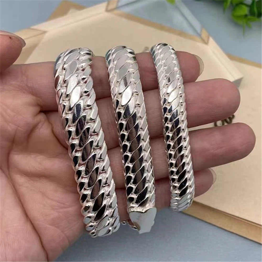 Pure S999 Fine Silver Chain 10mm 12mm 14mm Cuban Curb Link Bracelet 7.1-8.7inch 07FC0E-D4 - KOEEK