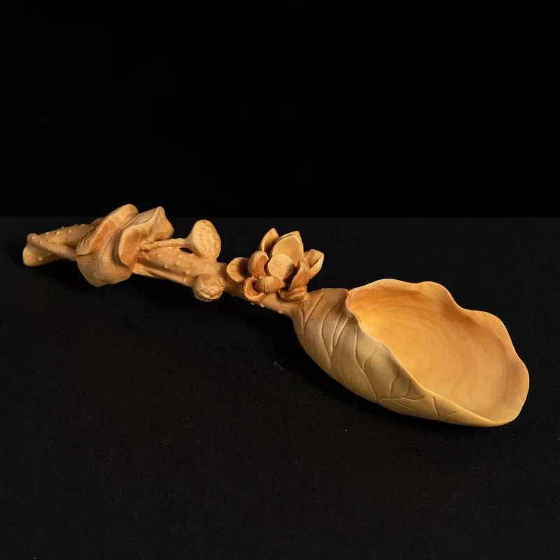Elegant Lotus Leaf Tea Spoon - Solid Wood Carving Handicraft Tea Shovel 07FC0E-D4 - KOEEK