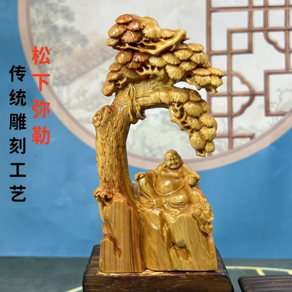 Cai Bai Wood Carved Laughing Buddha Figurine Under Tree Home Décor Chinese Style 07FC0E-D4 - KOEEK