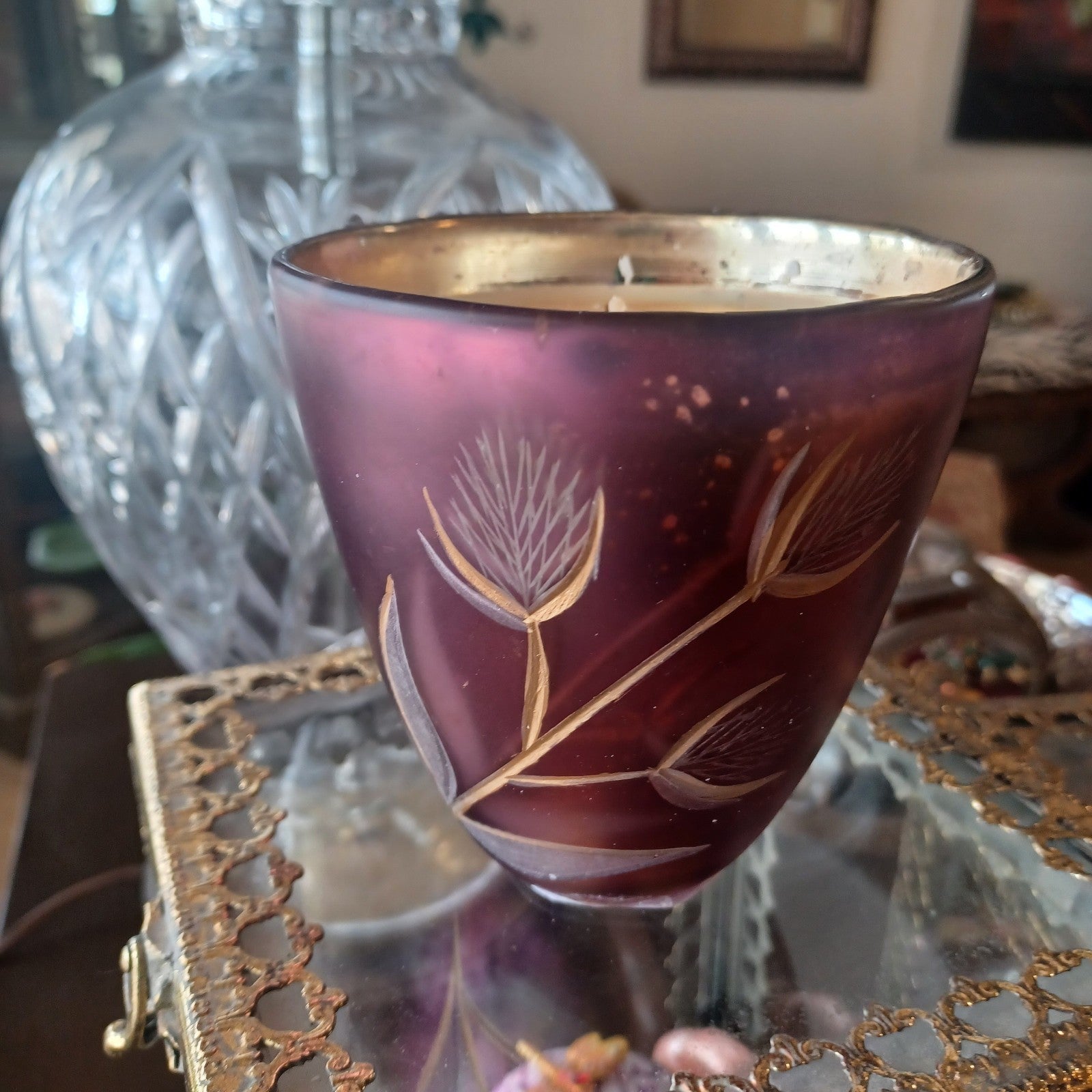 ANTHROPOLOGIE ALEXANDRA ~ NIGHT GARDENIA ETCHED GLASS CANDLE  ~ BEAUTIFUL ANTHROPOLOGIE - KOEEK