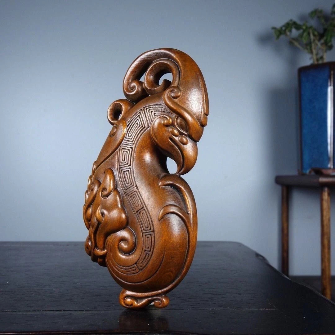 Boxwood Wood Carved Dragon Phoenix Pendant 9cm Handheld Piece Hanging Charm 07FC0E-D4 - KOEEK