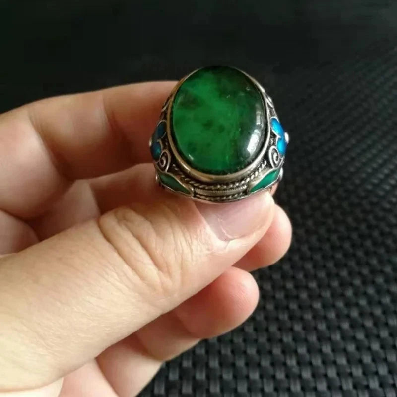 Chinese Vintage Tibetan Silver Green Zircon Adjustable Amulet Rings Collection 07FC0E-D4 - KOEEK