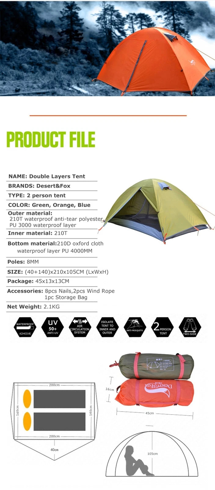 Backpacking Camping Tents Waterproof Breathable Lightweight Portable Travel Tent 07FC0E-D4 - KOEEK