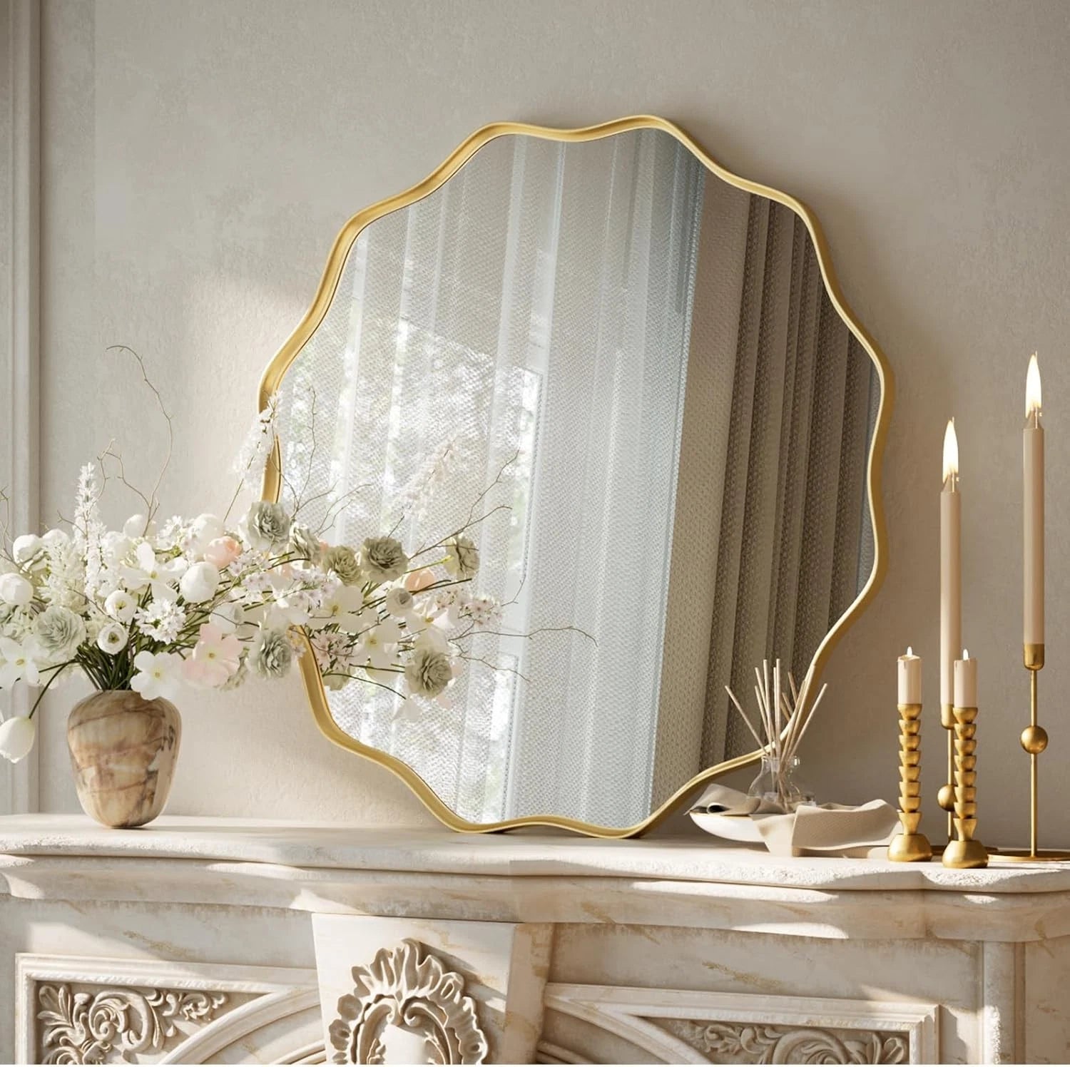 Gold Scalloped Circle Mirror,20" Wavy Edge Round Wall Mirror with Tempered Glass 07FC0E-D4 - KOEEK