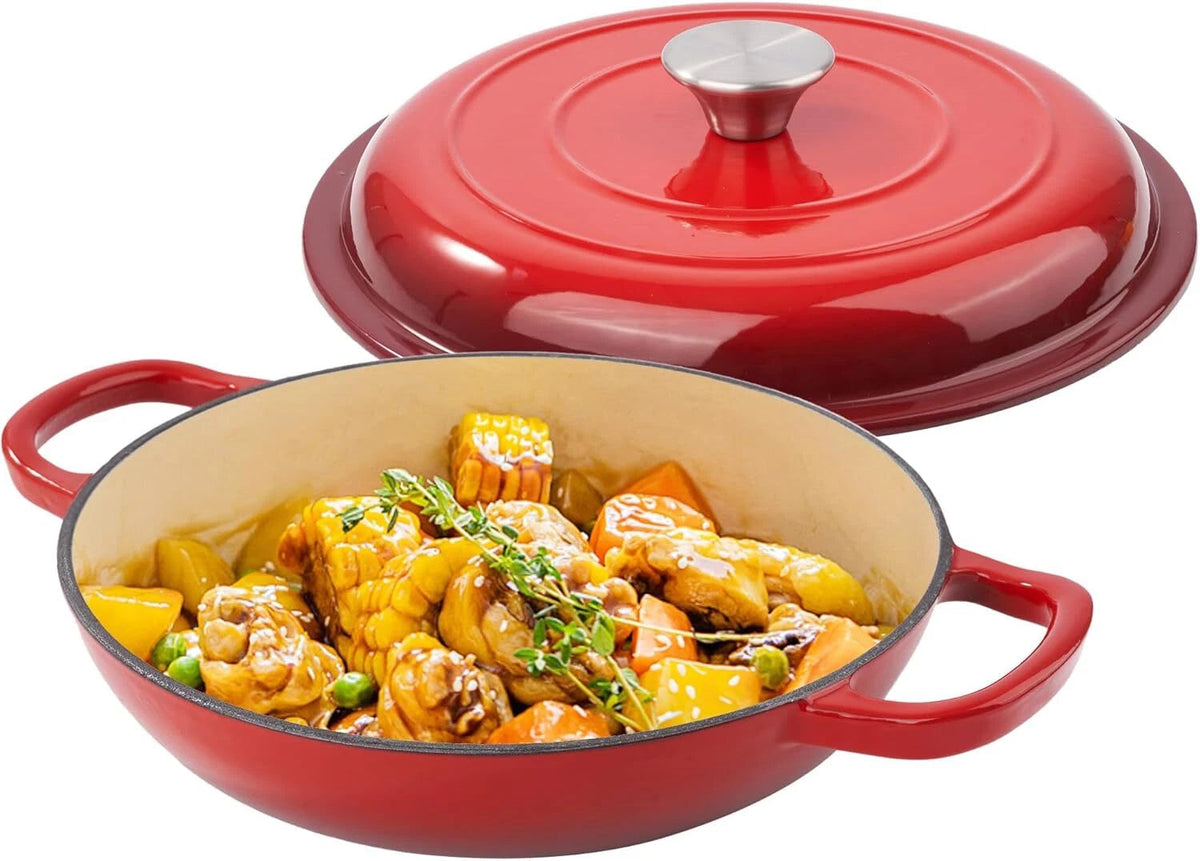 3-Quart Enameled Shallow Cast Iron Dutch Oven with Lid for All Stoves, Red 07FC0E-D4 - KOEEK