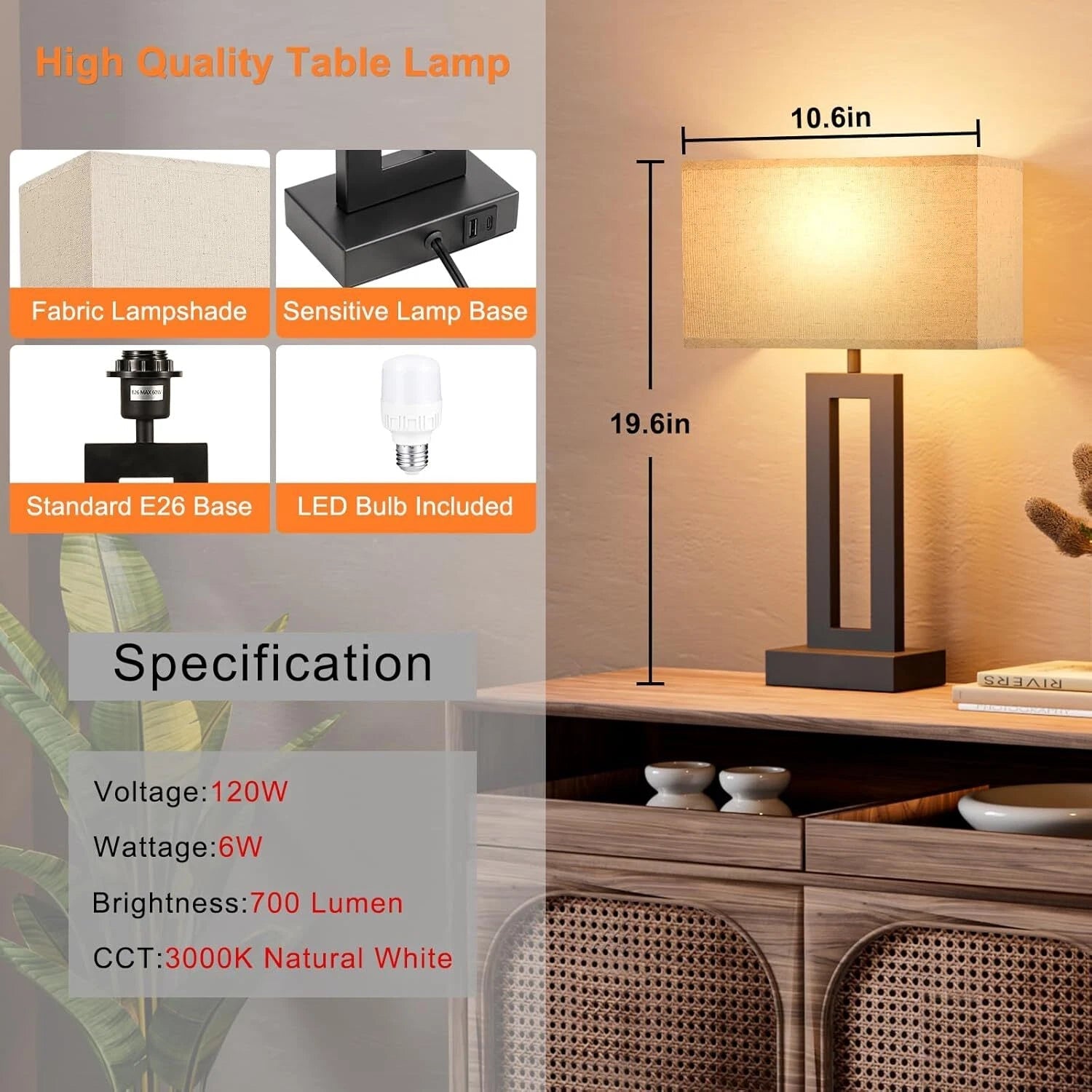 Bedroom Bedside Lamp - Touch Control, 3-Way Dimmable, LED Bulb, Easy Assembly 07FC0E-D4 - KOEEK
