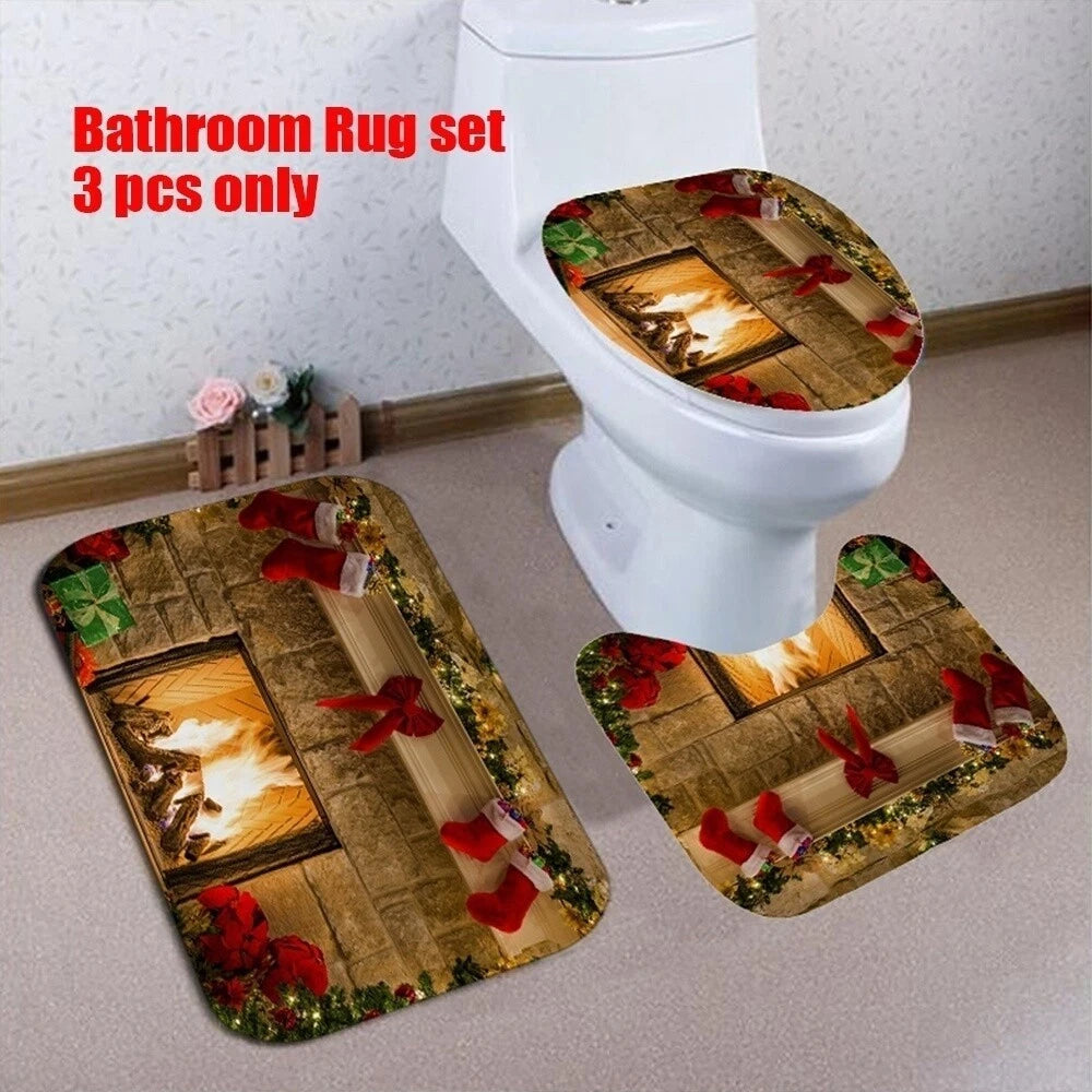 Chrismas Fireplace Shower Curtain Bath Rug Toilet Seat Cover Bathroom Set Decor 07FC0E-D4 - KOEEK