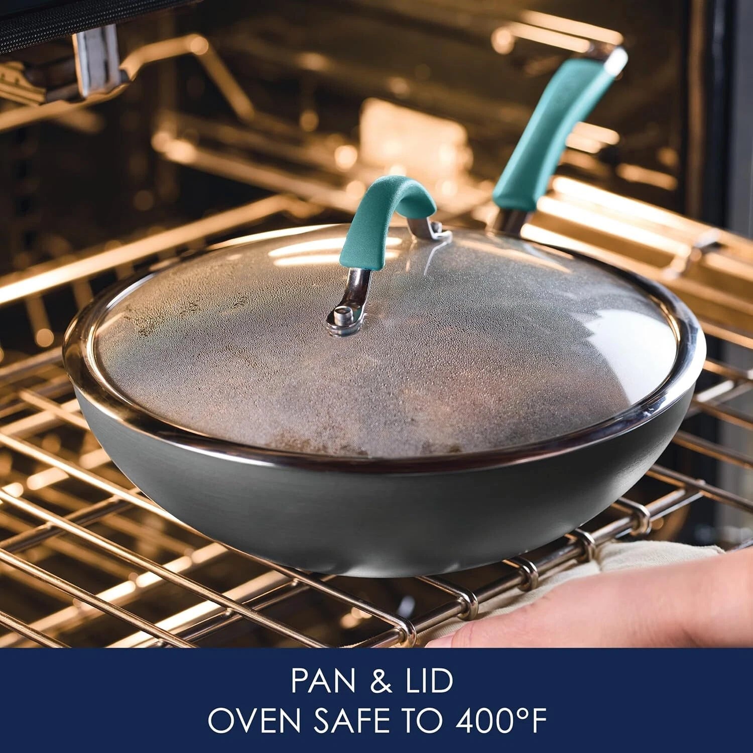 Hard Anodized Non-Stick Wok with Lid,11-Inch Wok with Lid,Gray with Blue Handles 07FC0E-D4 - KOEEK