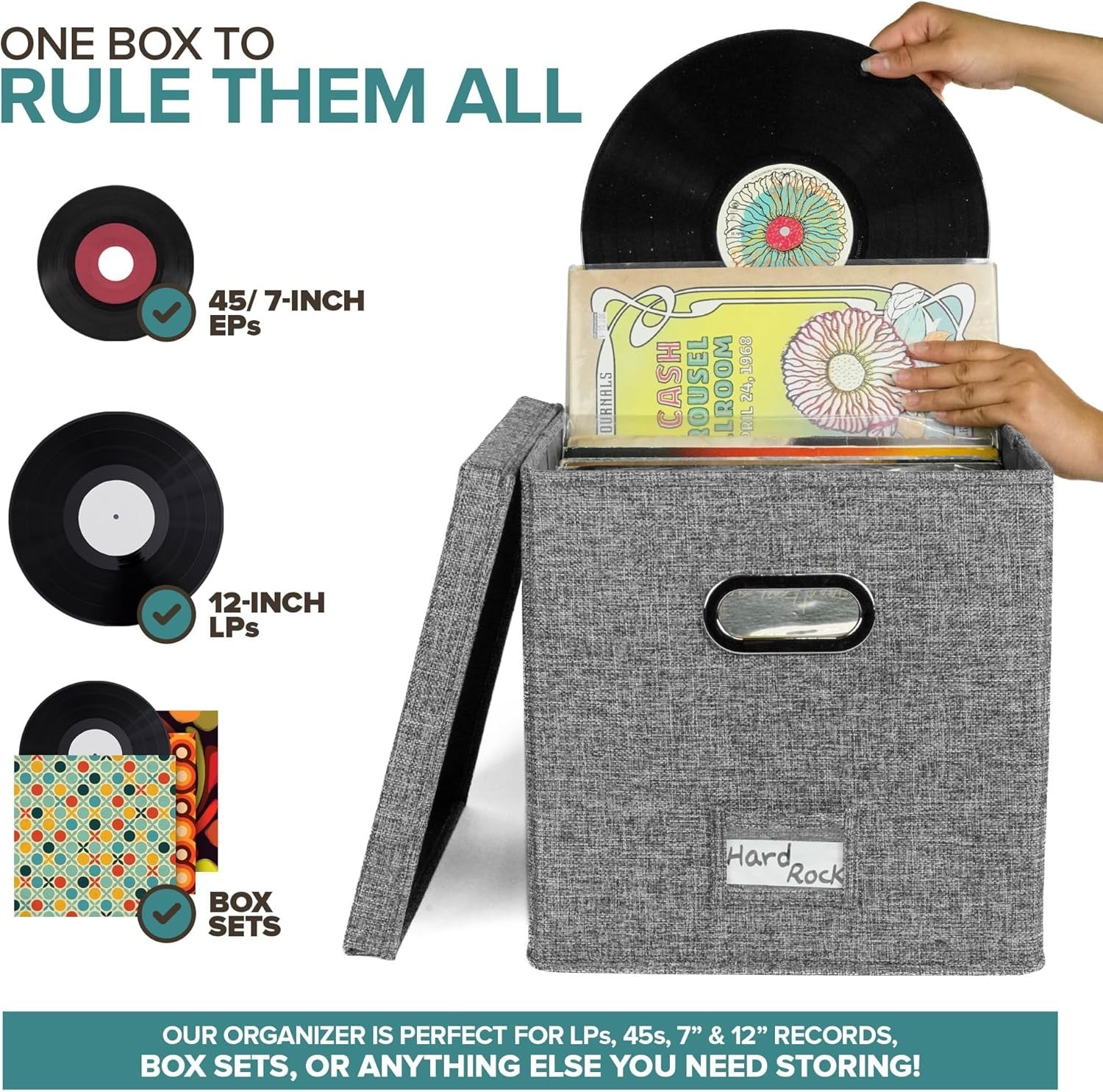 new Vinyl Record Storage Box for up to 50+ 12-Inch Albums, Records 1 Pack, Gray