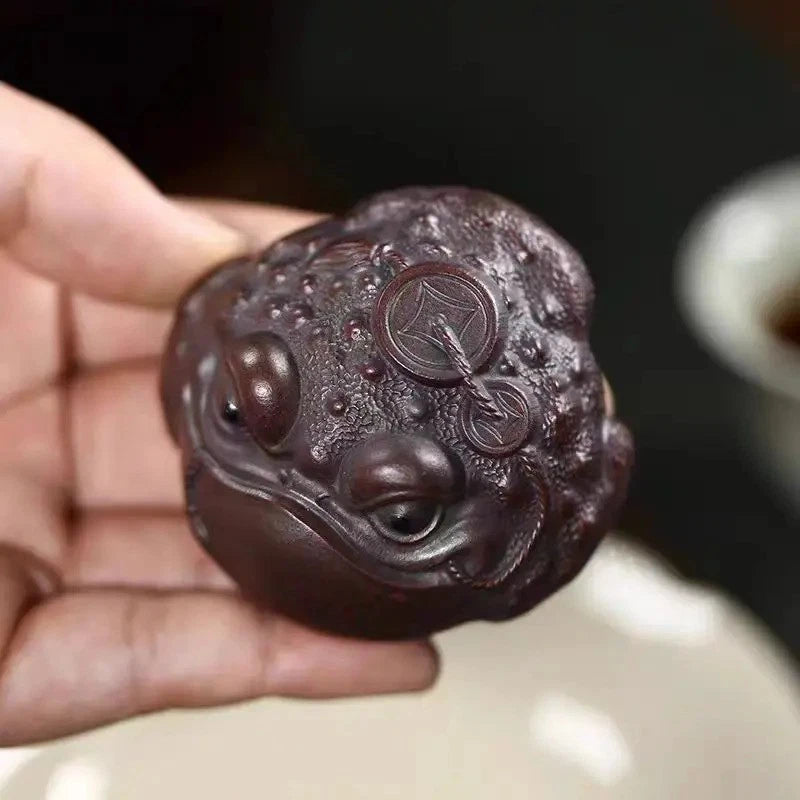 6.4cm Purple Clay Handcarved Three Legged Golden Toad Tea Pet luck Ornament 07FC0E-D4 - KOEEK