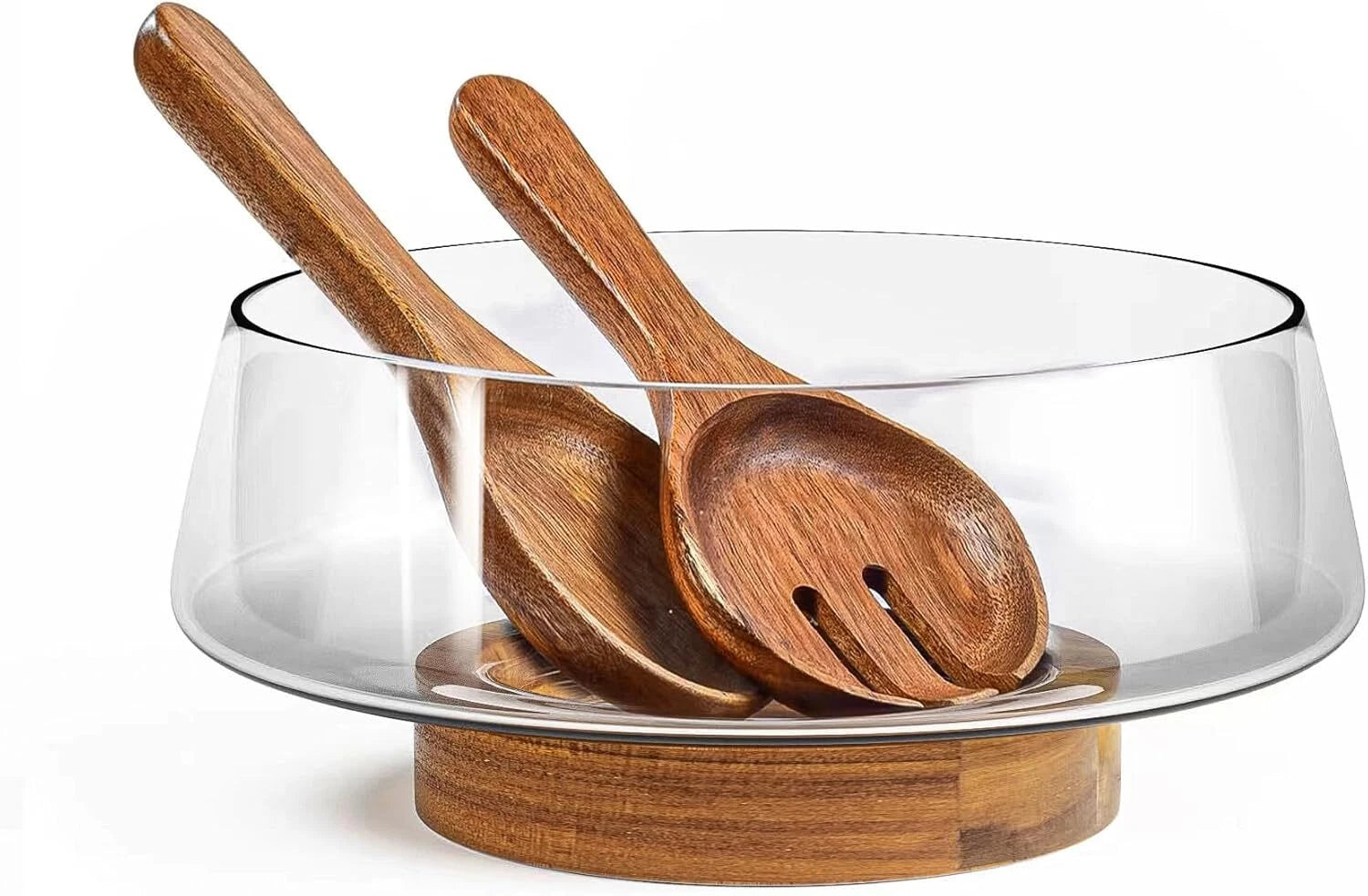 Extra Large Glass Salad Bowl Set - Party Salad Bowls with Acacia Wood Base 07FC0E-D4 - KOEEK