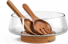 Extra Large Glass Salad Bowl Set - Party Salad Bowls with Acacia Wood Base 07FC0E-D4 - KOEEK