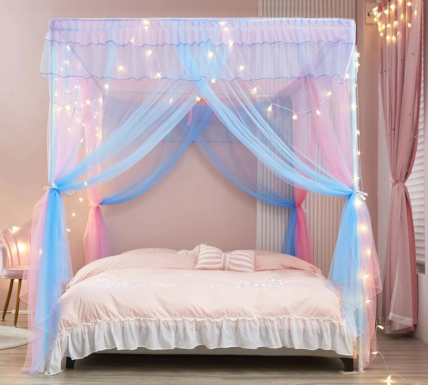 Rainbow Canopy Bed Curtains with Lights - Princess Bed Canopy for Girls 07FC0E-D4 - KOEEK