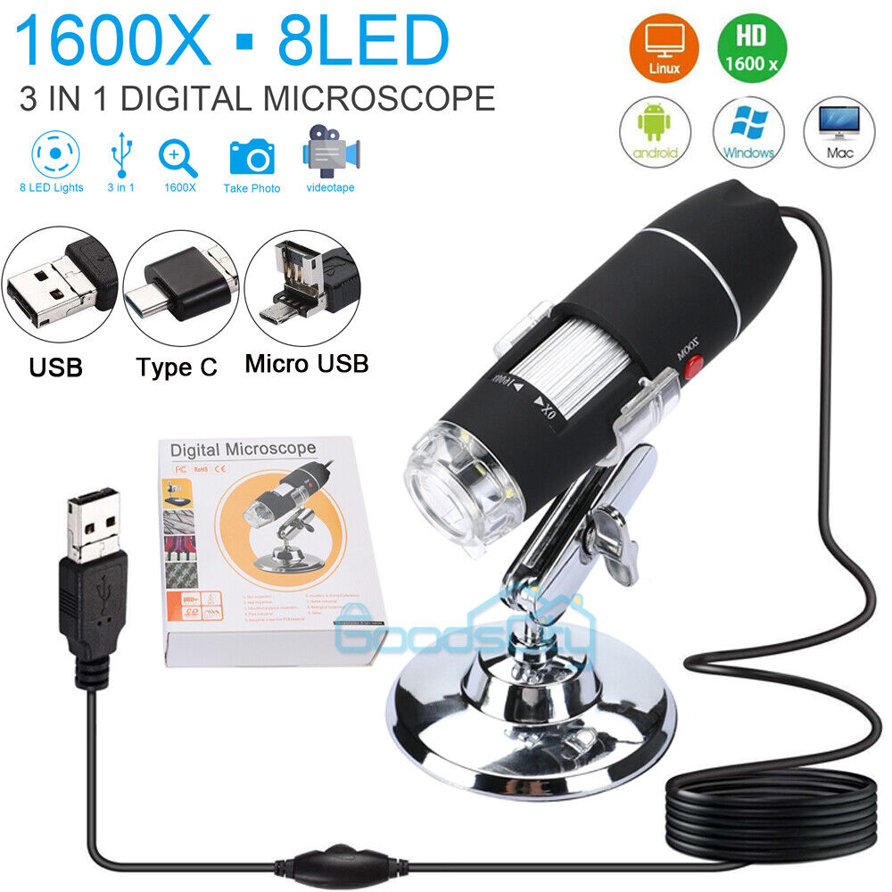 nytt 1600X Zoom 8LED HD 1080P USB Mikroskop Digital Lupe Endoskop videokamera