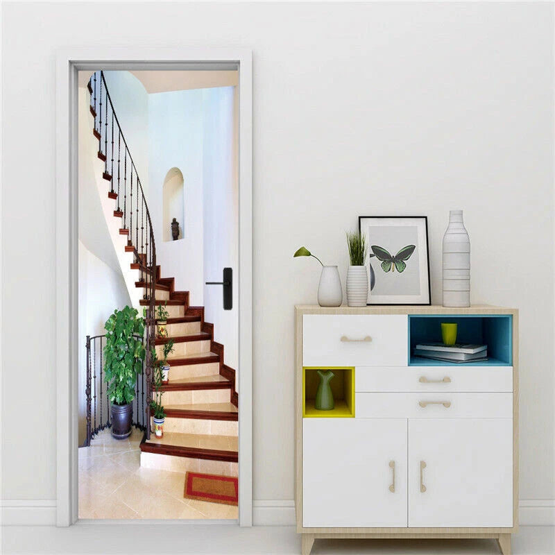 3D Wooden Stairs Self-adhesive Door Mural Door Wall Decals Wallpaper Stickers 07FC0E-D4 - KOEEK