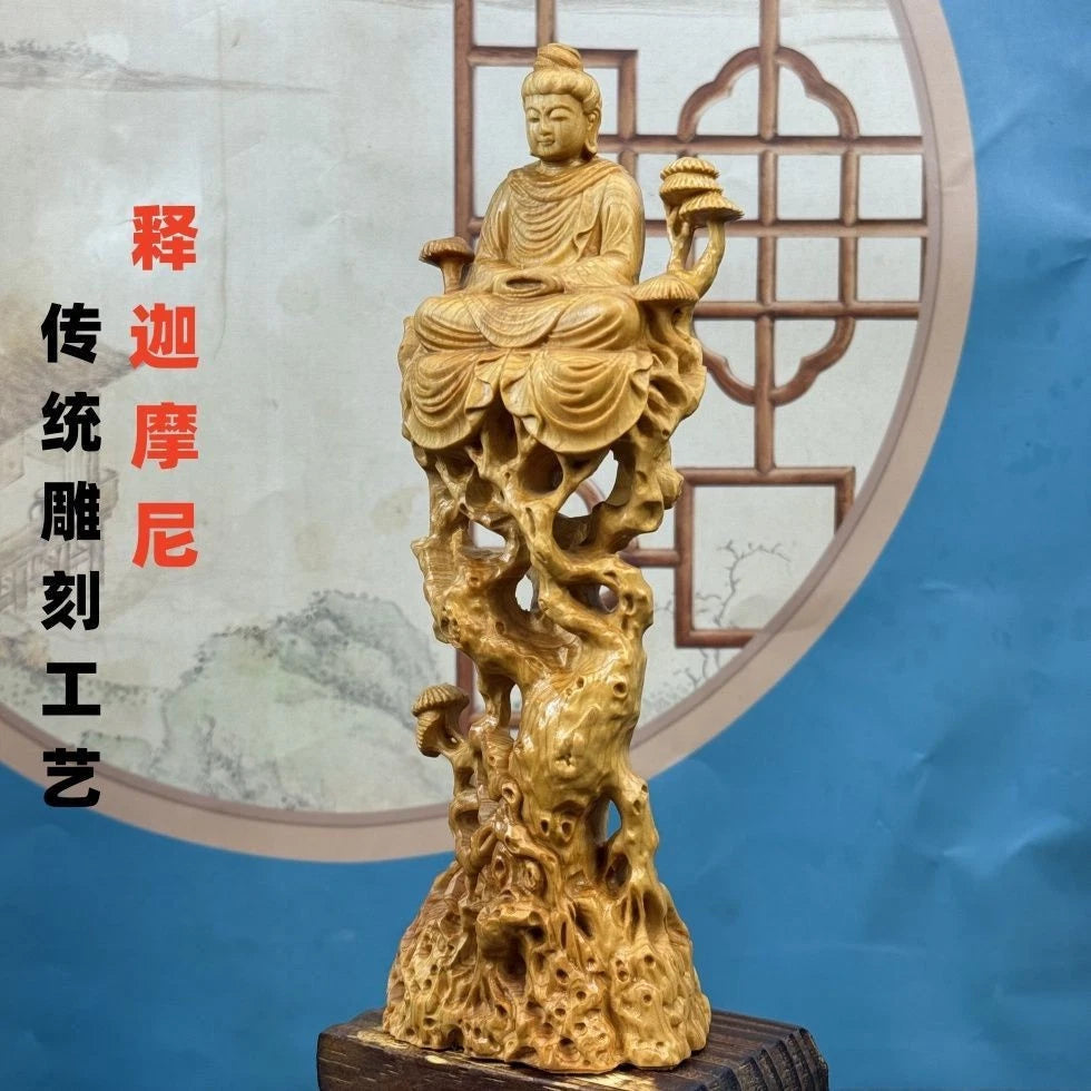 Cai Bai Wood Carved Sitting Buddha Figurine Home Décor Handicraft Wooden Statue 07FC0E-D4 - KOEEK