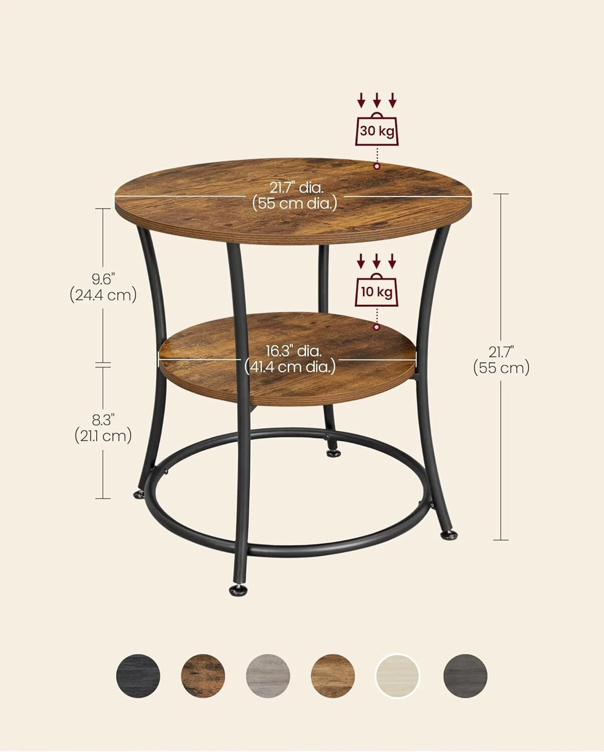 Side Table, Round Side Table with 2 Shelves, Rustic Brown and Ink Black 07FC0E-D4 - KOEEK