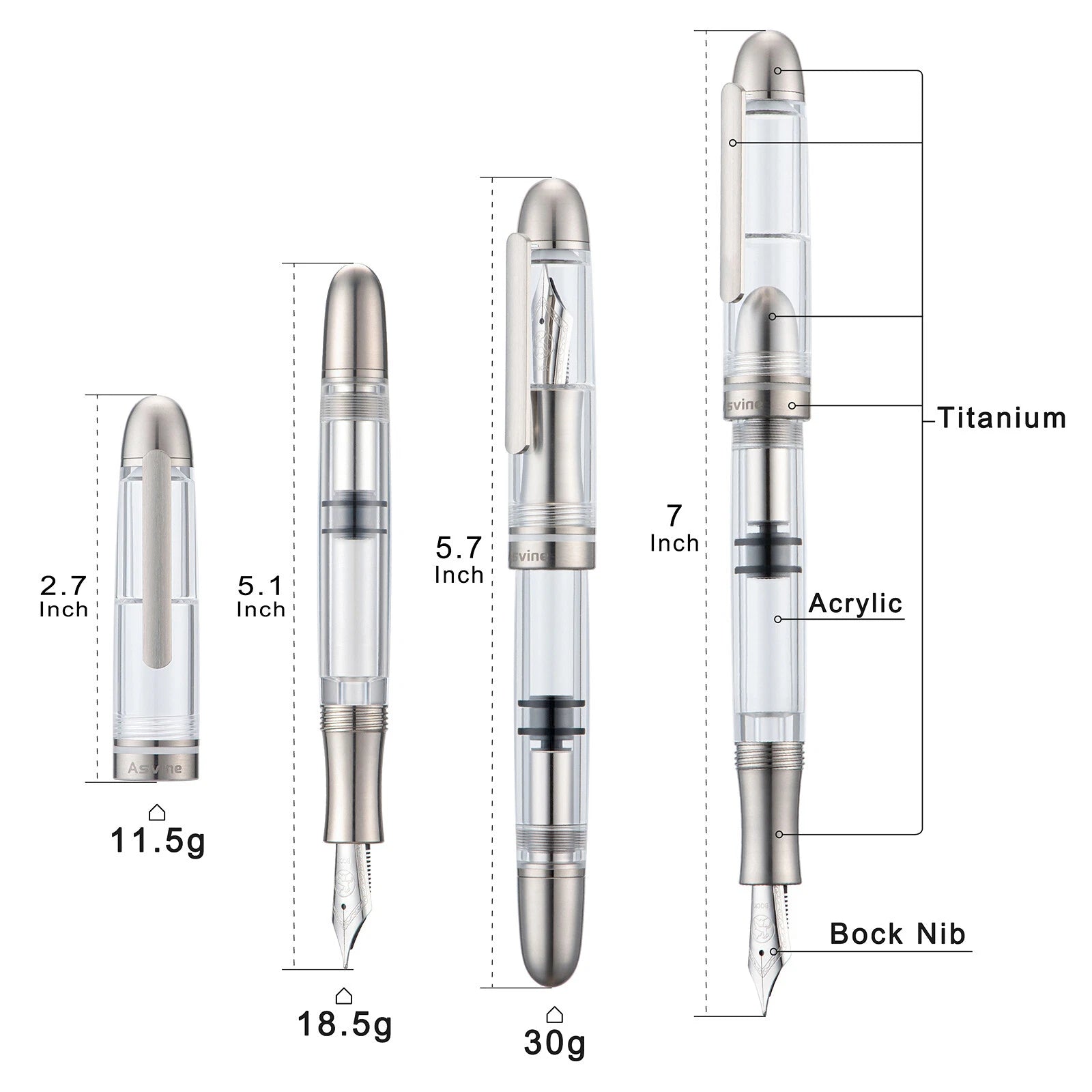 Titanium & Acrylic Writing Pen Asvine P36 Piston Fountain Pen Bock/ Asvine Nib 07FC0E-D4 - KOEEK
