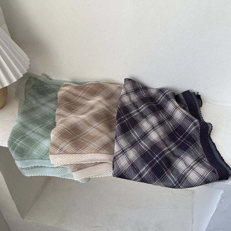 Womens Casual Plaid Pleated Head Scarf Bandana Preppy Breathable Shawl Scarves 07FC0E-D4 - KOEEK