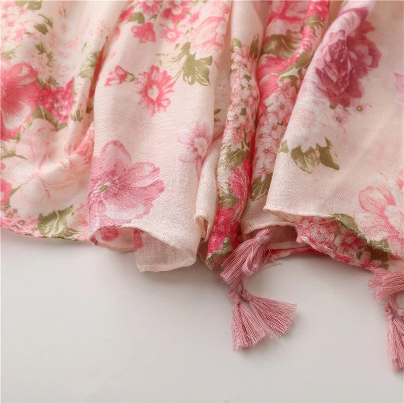 Womens Pink Floral Shawl Tassel Romantic Soft Flower Print Pashmina Wrap Scarf 07FC0E-D4 - KOEEK